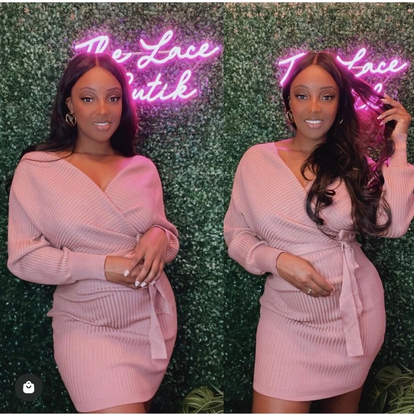 Off Shoulder Wrap Belted Ribbed Knit Dress Mauve - Picture 3 of 4